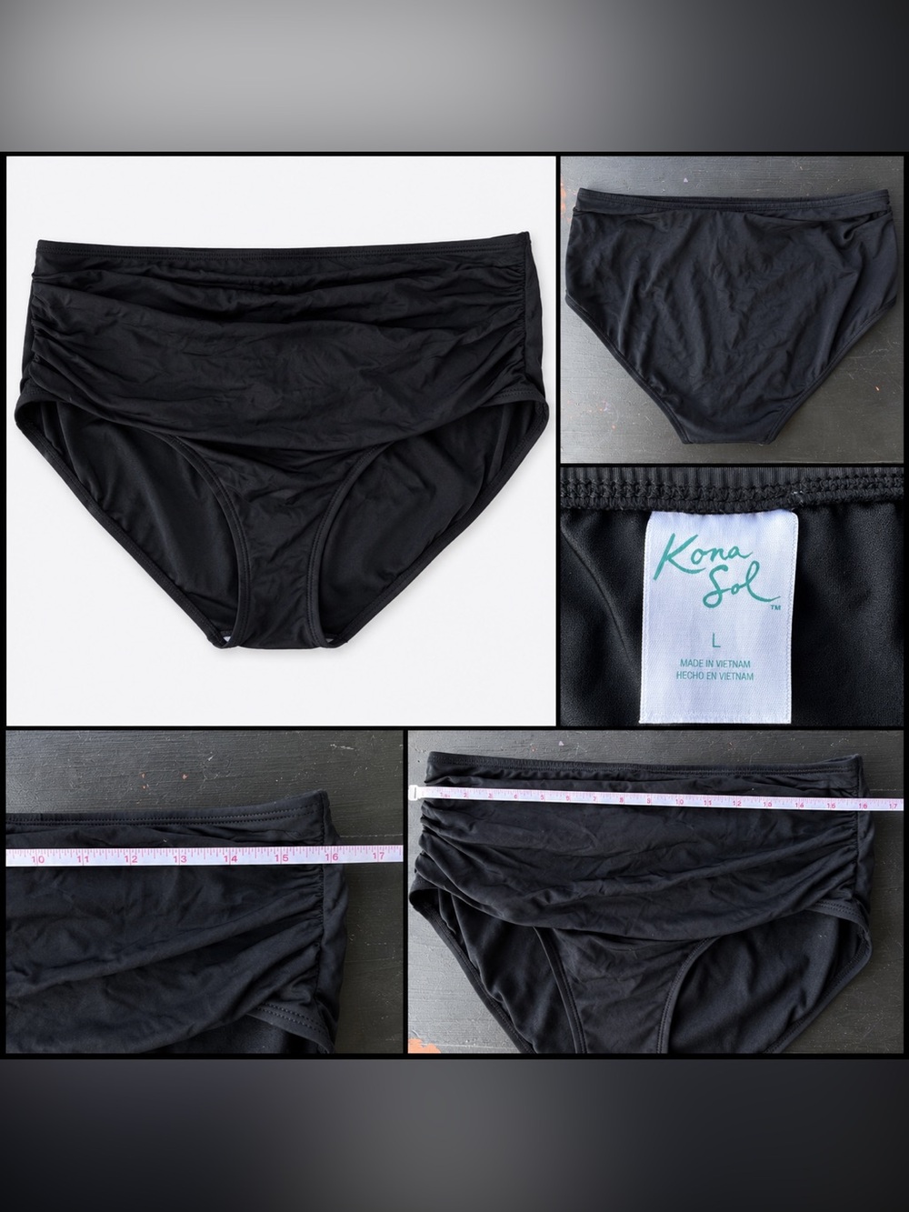 Kona Sol Black Swim Bottoms – Size L – Full Coverage
